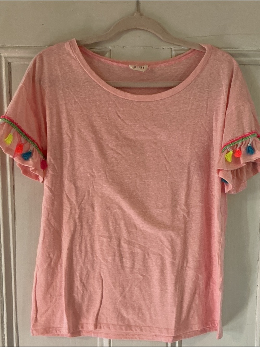 BiBi Light Pink Short Sleeve Tee with Colorful Tassel Trim